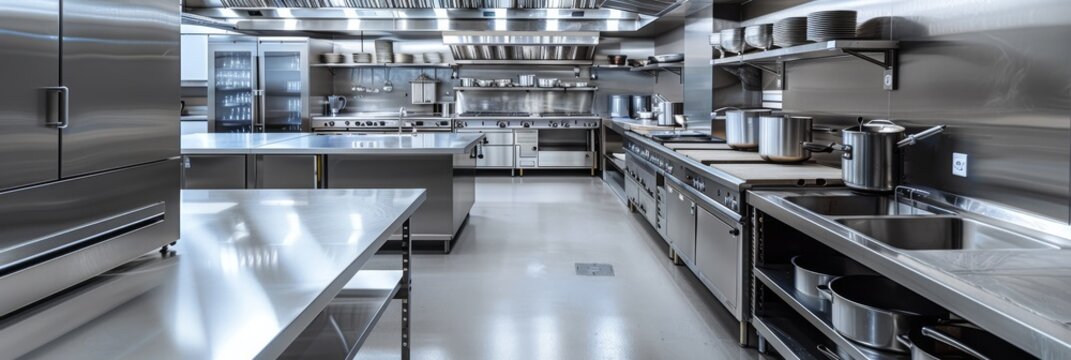 A sleek modern kitchen with stainless steel appliances, clean lines, and bright lighting, offering plenty of copy space