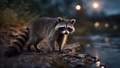Obraz premium A raccoon scavenging near a stream, moonlit night 