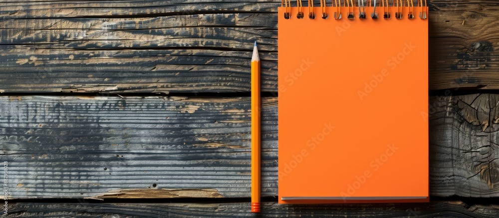 Poster wooden background with an orange notepad and pencil displaying a blank stationery template for use a