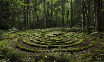 Naklejka premium Abstract Artist Creating Stunning Large-Scale Land Art in Dense Forest Environment, Highlighting Nature's Landscape Aesthetics and Life Themes, Perfect for Articles, Marketing Campaigns, and Advertisi