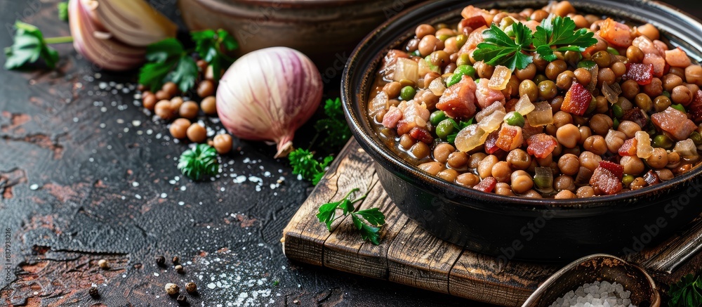 Poster an authentic latvian dish consisting of grey peas bacon and onion perfect for a copy space image