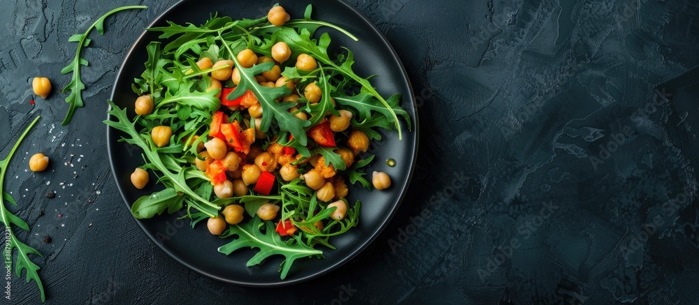 Poster plate with a vegan salad featuring arugula and chickpeas on a black background with ample copy space