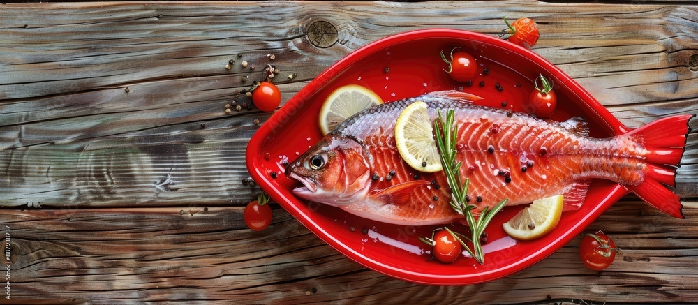 Poster trout steak displayed on a red fish shaped plate with copy space image