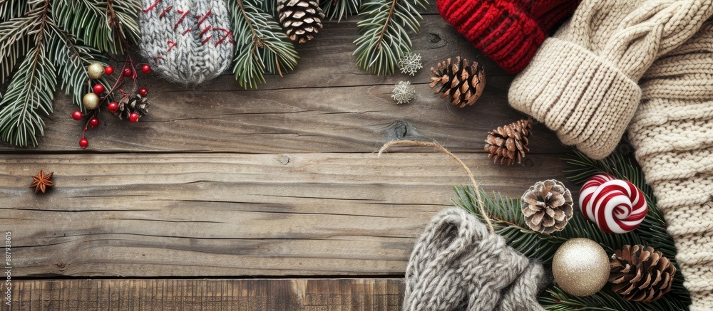 Poster christmas themed crafts and knitting patterns displayed on a wooden background with copy space image