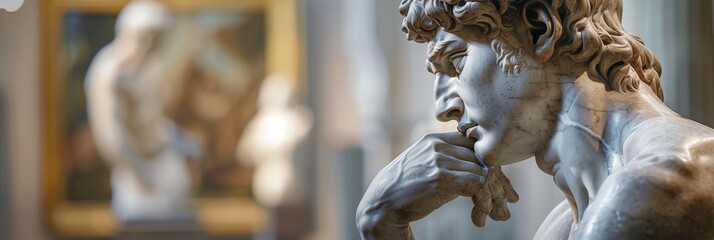 A Renaissance-era thinker sculpture in a museum is shown in a contemplative pose from a side angle, highlighting its detailed anatomy and expression