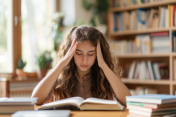 Stressed student studying in the library. The photo depicts a young woman facing academic stress, holding her head with hands on temples. Ideal for educational and mental health topics.