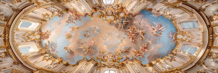 Rococo-style ceiling with pastel frescoes and gold leaf depicting angels and clouds for a timeless display of elegance and beauty