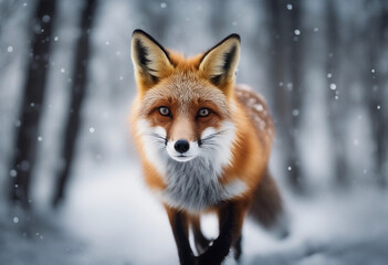 Obraz premium A red fox trotting through the snowy forest, twilight 