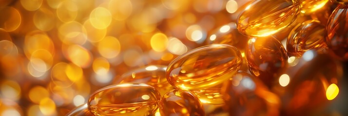 Golden vitamin capsules with bokeh background. A striking closeup showcasing the warm glow and translucent texture of health supplements. Ideal for health, wellness, and pharmaceutical content