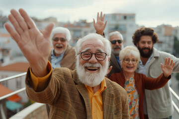 Happy senior group waving at outdoor gathering