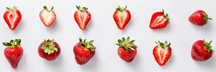 A close-up shot of fresh, red strawberries, both whole and sliced, on a white background. The vivid red color of the strawberries stands out against the white surface