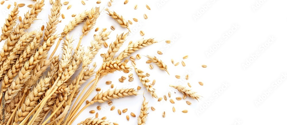 Poster Isolated wheat grain against a white background with a diagonal arrangement serving as a backdrop with space for text ideal for a copy space image