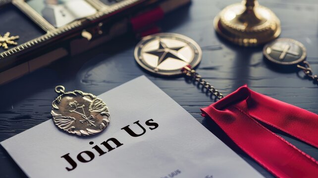 Military recruitment invitation with medals on desk