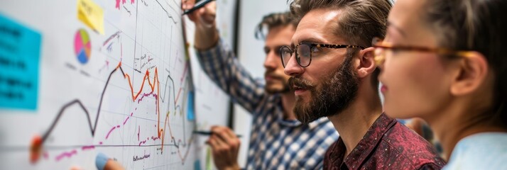 A commercial photography team collaborates around a whiteboard filled with charts and graphs during a brainstorming session