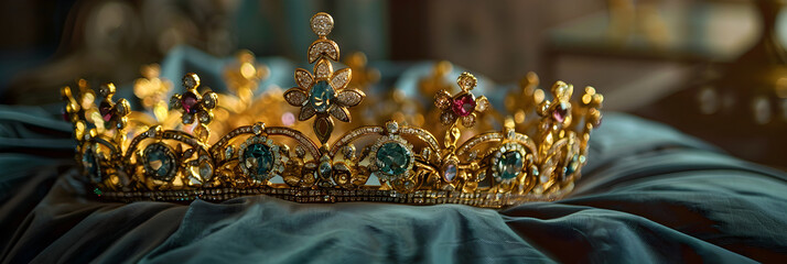 Exquisite Golden Crown with Gleaming Gemstones Resting on Royal Velvet Pillow