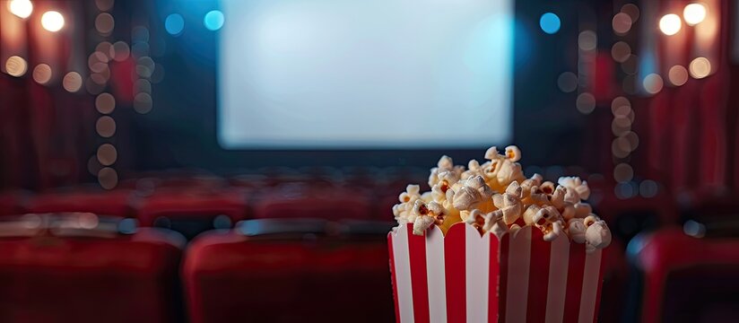 Concept of a cinema setting with popcorn a blank screen in the background for copy space image