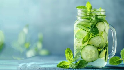 Refreshing cucumber mint water in glass jar on blue surface