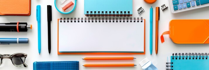 A top view flat lay of various office supplies including a notebook, pens, pencils, a calculator, and glasses on a white background with copy space