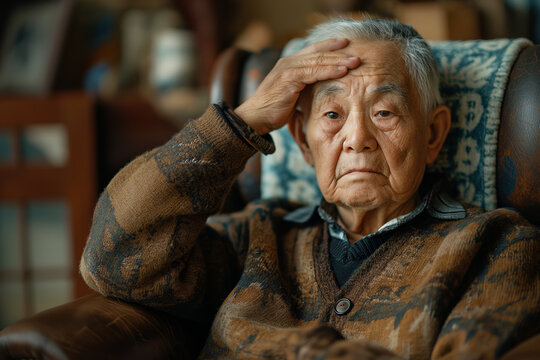 Elderly man with his head on his hand. An evocative photo illustrating concern or contemplation among seniors. Ideal for healthcare, geriatric care, and mental health awareness campaigns.