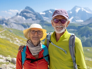 Elderly retired people are going hiking background