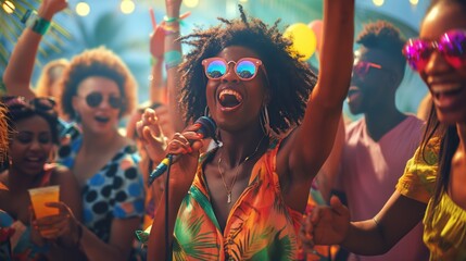 Vibrant outdoor summer party. A joyful woman with sunglasses sings passionately into a microphone amidst a lively crowd. Ideal for promoting events, music festivals, and social gatherings