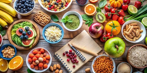 Vibrant fruits, whole grains, lean proteins, and healthy snacks arranged on a table, accompanied by colorful illustrations and notes, showcasing a well-crafted nutrition plan.