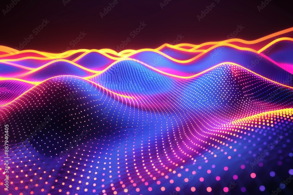 Poster neon fluid waves in a futuristic landscape, creating a vibrant and dynamic visual effect with bright