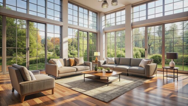 A serene empty living room with natural light pouring in through large windows, beautifully staged with modern furniture, awaiting new occupants.