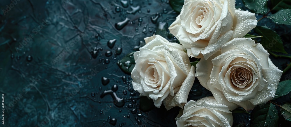 Sticker Greeting card featuring a collage of white roses with dew on a textured black and blue background with copy space image