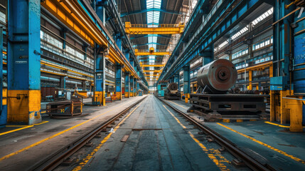 Expansive view of an industrial factory with wide aisles, overhead cranes, and machinery, highlighting manufacturing infrastructure.