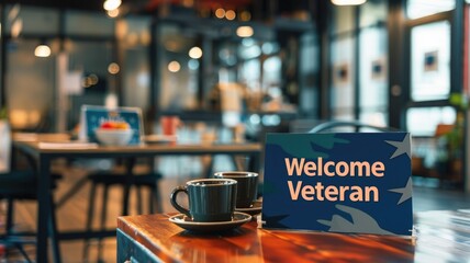 Cozy coffee shop with "Welcome Veteran" sign on table