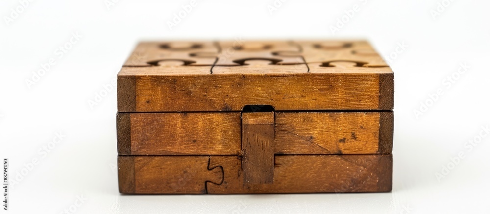 Poster close up de focused shot of wooden puzzle box with missing pieces isolated on white with copy space 