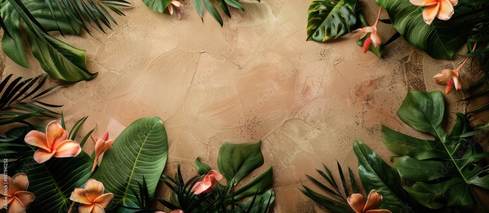 Poster nature inspired flat lay design with a background of flowers and leaves featuring ample copy space f