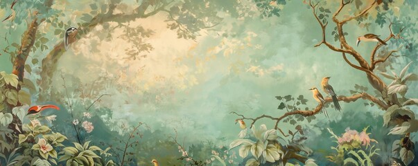 Vintage wallpaper of lush rainforest in pastel shades, highlighting songbirds and foxes in the background, oil painting. 