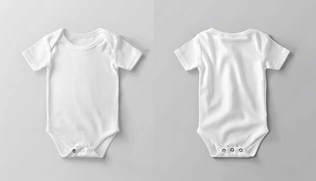 White baby onesie mockup template isolated on gray background, front and back view