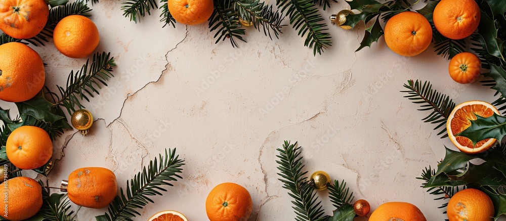 Poster flat lay composition on a beige backdrop featuring a frame of christmas balls and tangerines with co