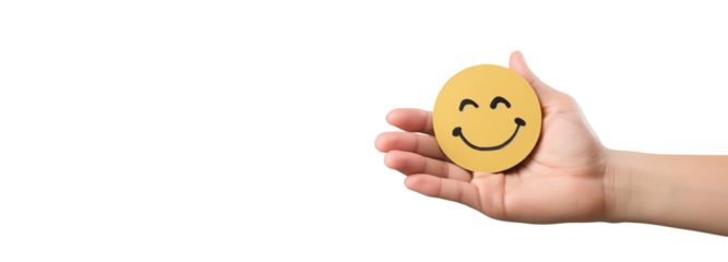 hand holding smile face with copy space on transparency background