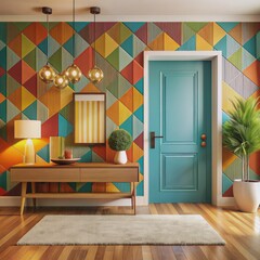 Vibrant colored walls, geometric patterns, and modern furniture create an energetic entryway design that sets the tone for a warm and inviting welcome atmosphere instantly.