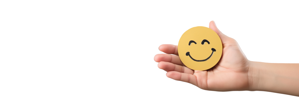 hand holding smile face with copy space on transparency background