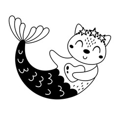 Bkack and white mermaid clipart. Cute mermaid animal clipart in cartoon flat style. Ocean clip art. Nautical Hand drawn vector illustration