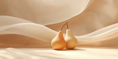 Elegant pears on soft fabric background. A serene and minimalistic image perfect for conveying tranquility, simplicity, and natural beauty. Ideal for decor, advertising, and editorial use