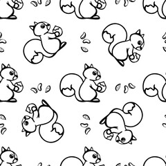 Seamless linear pattern of a funny squirrel with nuts