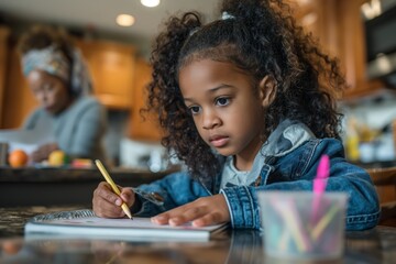 Focused young girl doing homework in a cozy kitchen. The perfect image to convey concentration and learning in a home setting. Ideal for educational, family, and lifestyle use