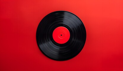 Flat lay top view of vinyl record on a red background, in a minimalistic style
