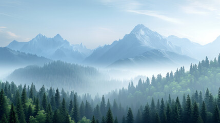 Obraz premium Majestic mountains with glowing trees and ethereal mist create an otherworldly atmosphere.