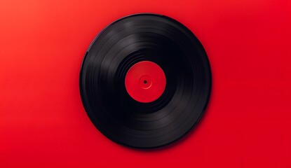 Flat lay top view of vinyl record on a red background, in a minimalistic style