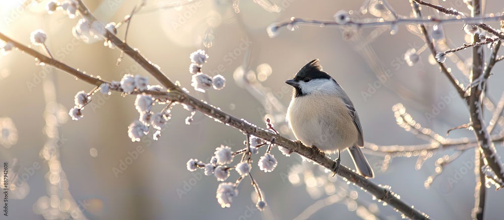 Poster a charming wild willow tit sits on a tree branch in a wintry setting creating a picturesque scene wi