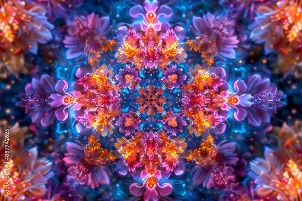 Poster abstract neon floral kaleidoscope, capturing a vibrant and dynamic visual effect with intricate patt