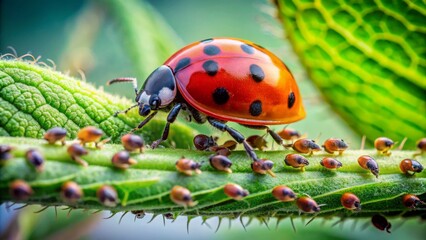 Obraz premium Vibrant ladybug navigates lush green leaf, amidst swarm of tiny aphids, exemplifying eco-friendly farming practice of utilizing natural predators for gentle pest management.