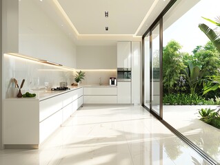 Fototapeta premium Minimalistic kitchen with white surfaces, a single countertop appliance, and an open, airy feel, highlighting modern design